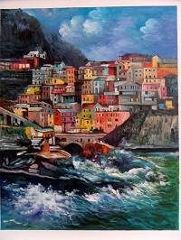 (image for) Italian landscape oil paintings, night time in Manarola