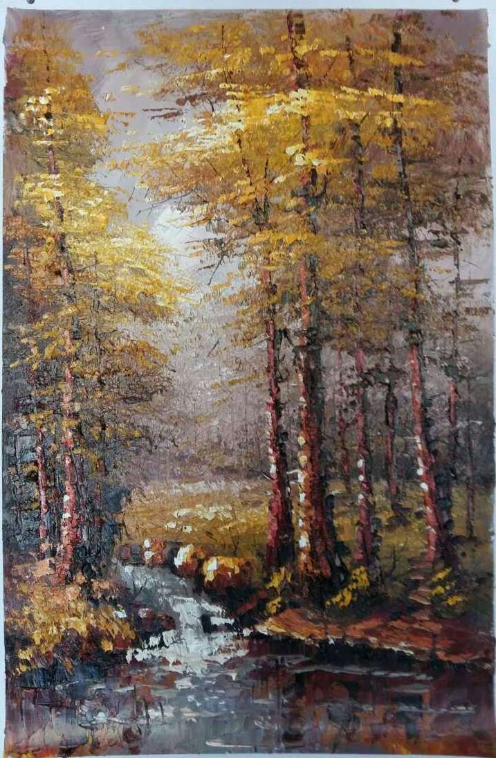 (image for) Knife painting on canvas Landscape-tree and rivulet