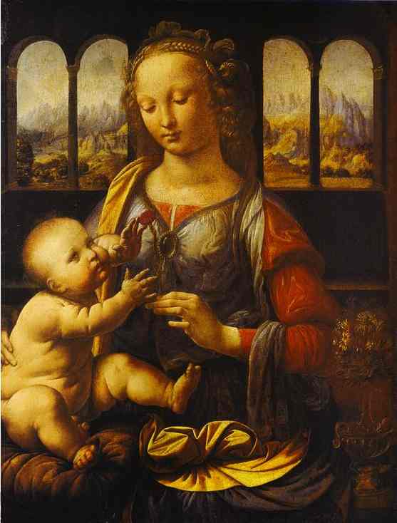(image for) Handmade oil painting Copy paintings of famous artists The Madonna of the Carnation 1478-80 - Click Image to Close