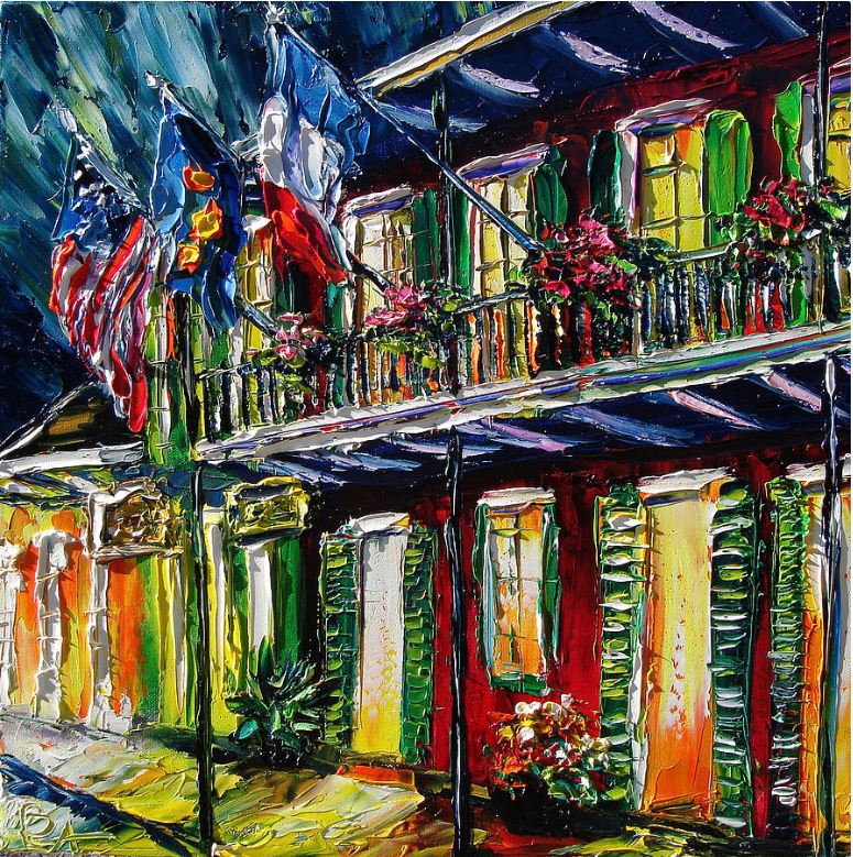 (image for) New Orleans oil paintings for sale, at night painting - Flags - Click Image to Close