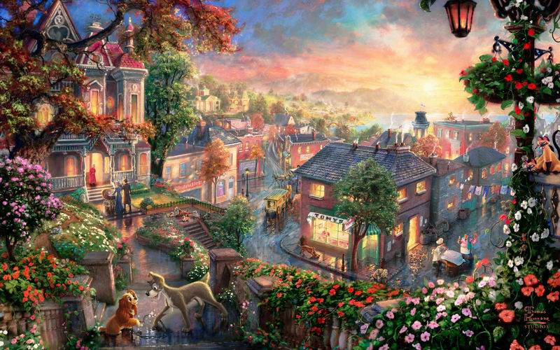 (image for) Thomas Kinkade Lady and the Tramp Handmade oil painting Copy paintings of famous artists paintings